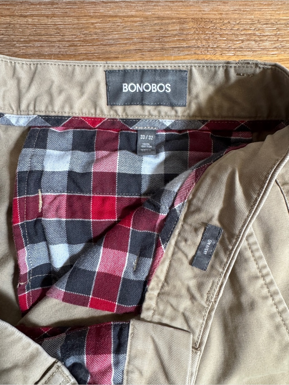Bonobos Straight Fit Khaki Chino Pants with Plaid Pocket Lining Size 33x32